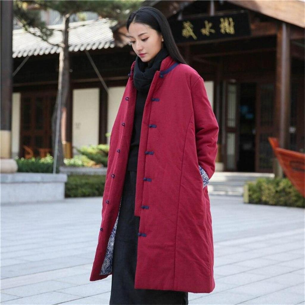 Johnature Vintage Women Long Sleeve Coats Winter Pockets Cotton Linen Solid Color Loose Female Parkas