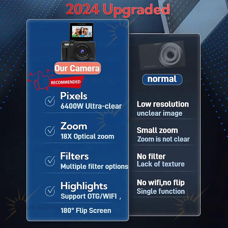 Цифровая камера 64 МП WIFI 4K с откидным экраном 180° Камера для селфи Маленькая портативная 18-кратный цифровой зум VLOG-камера