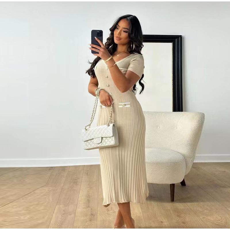 Knit Button Ribbed Slim Hip Package Women Long Dress Early Autumn V-neck Short Sleeve Female Robe