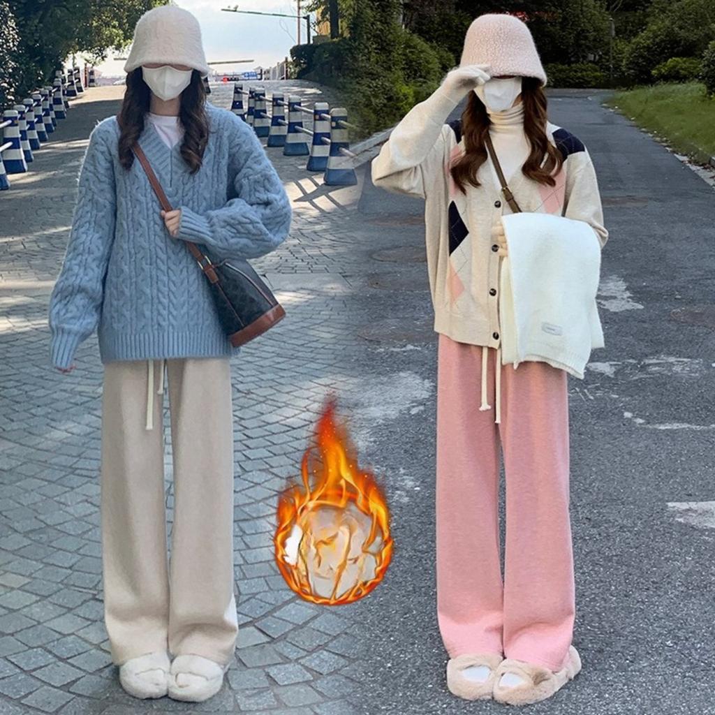 Плюшевые, Вязаные брюки, Женские брюки, Плюшевые, Утепленные, Брюки с высокой талией, Свободные, Повседневные брюки, Брюки прямого кроя, Брюки широкого кроя