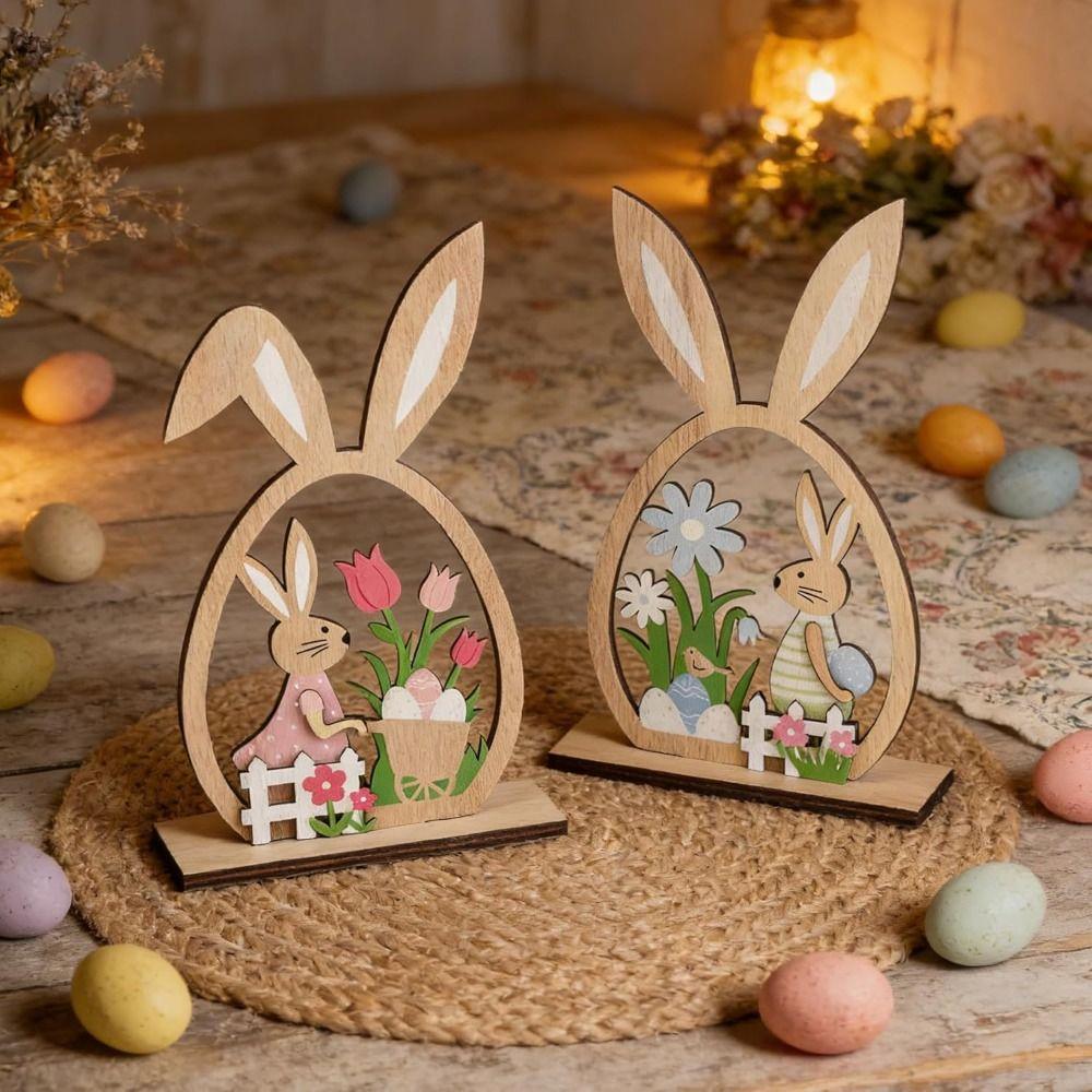 2Pcs Hand-Painted Easter Bunny Ornament Farmhouse Rustic Bunny Desktop Decorative Home Party