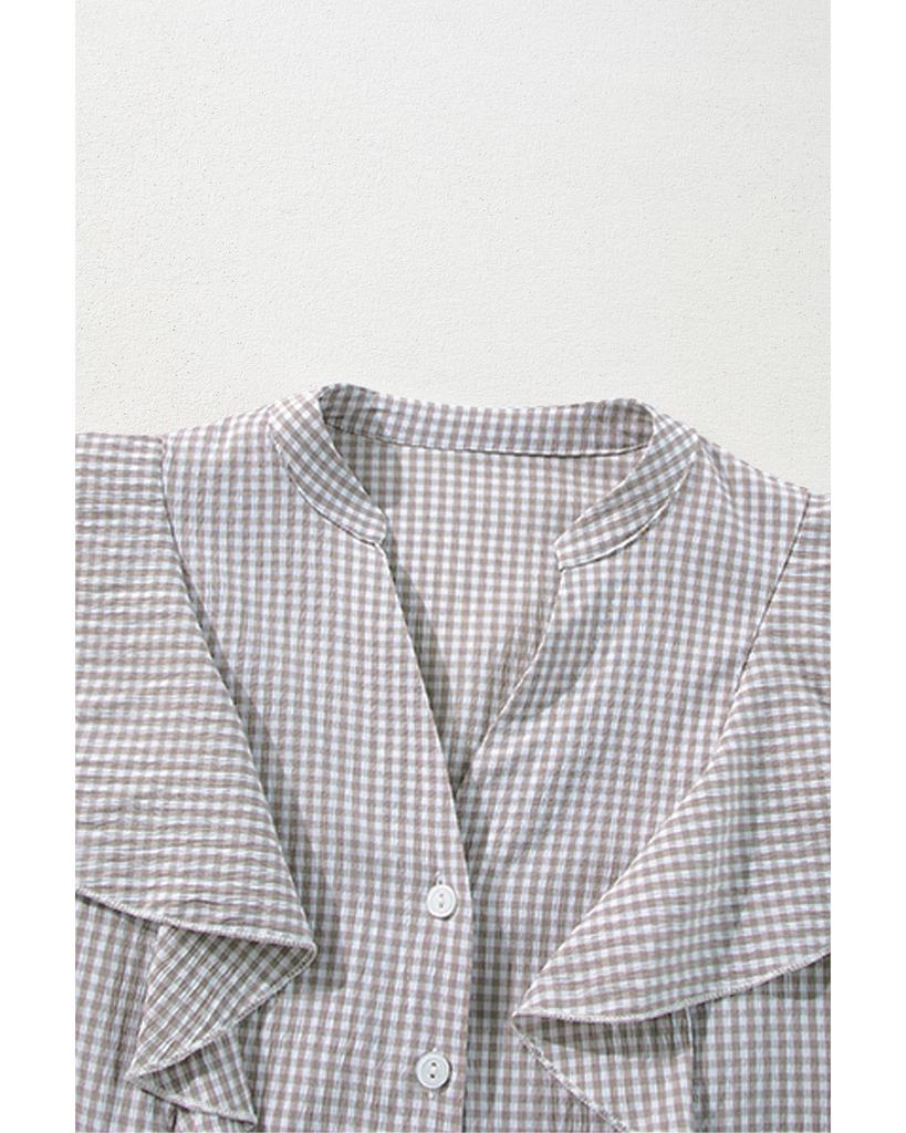 Azura Exchange Коричневая клетчатая рубашка с оборками на рукавах и вырезом на горловине