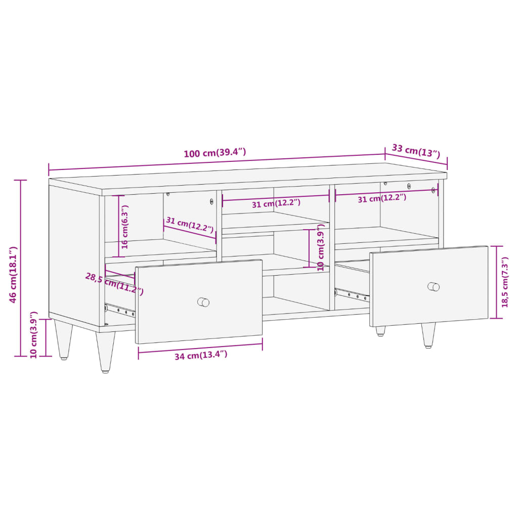 TV Cabinet 100x33x46 cm Solid Mango Wood