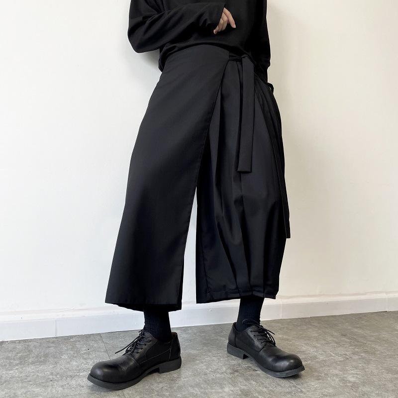 Yamamoto-Style Dark Drape Cropped Pleated Pants Skirt with Straps for Men & Women