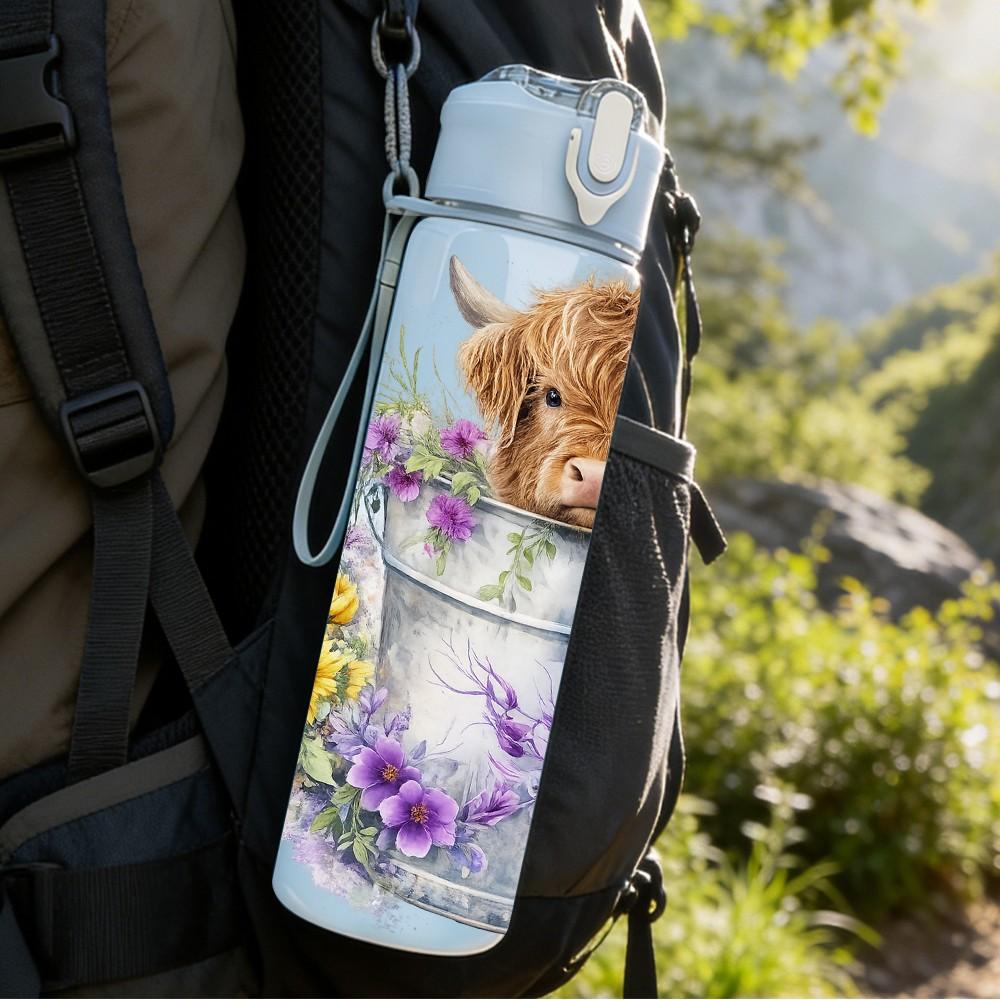 1PC Cow In Flower Bucket Print 750ml Color Plastic Sports Water Bottle Leakproof Flip Straw Lid Suitable for Sports Office Home Use