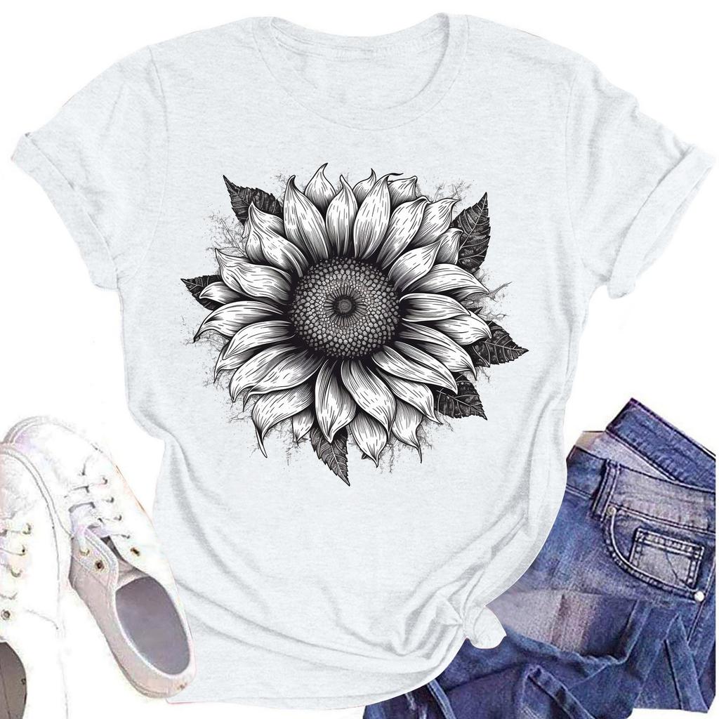 Женская повседневная футболка с круглым вырезом и цветочным принтом, короткий рукав