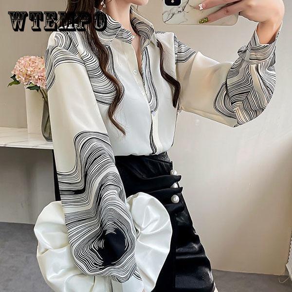 Повседневные топы с длинными рукавами, свободные шифоновые рубашки большого размера, женские весенне-осенние элегантные блузки с лацканами с принтом