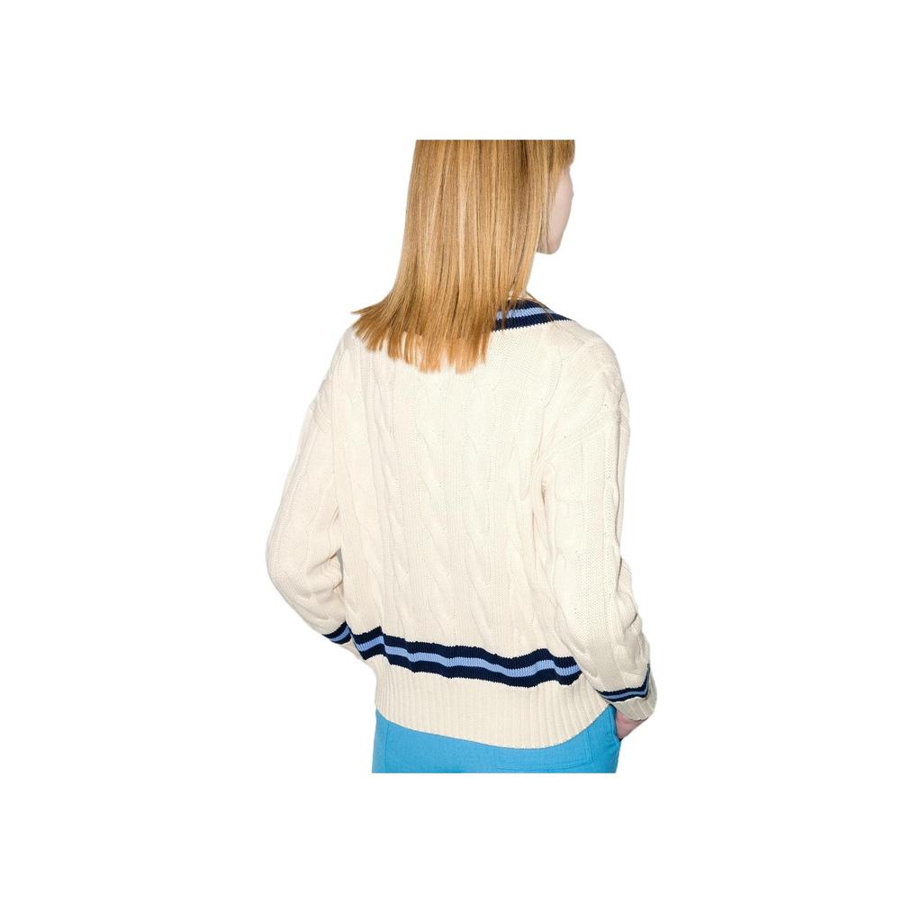 Polo Ralph Lauren Ss22 Striped V-Neck Cable Knit Pullover Sweater Women Sweater White 211838009-001