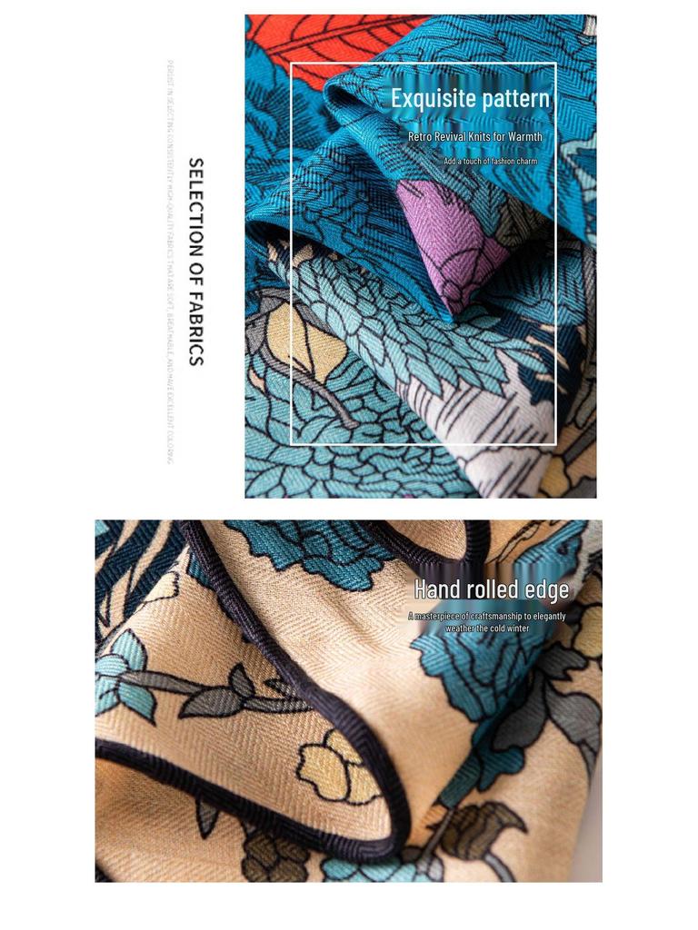 Elegant Double-Sided Beige Peony Floral Wool Scarf for Women - Versatile High-End Commuting Shawl