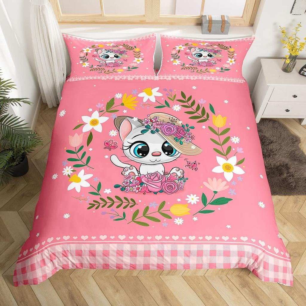 Comforter Kawaii Rabbit Cartoon Animal Bedding Set Geometry Grid Checkered Comforter Colorful Flowers Butterfly Bed Set