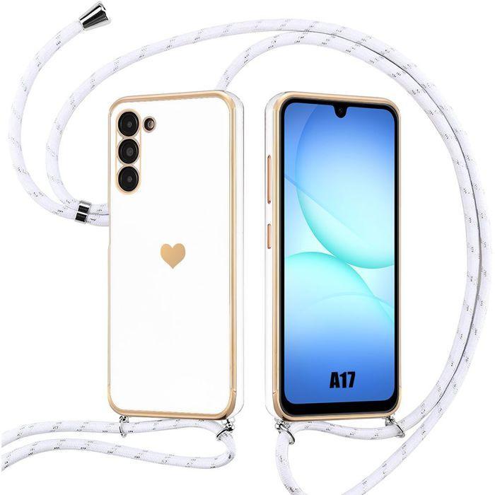 Coque pour Samsung Galaxy A17 4G/5G, Silicone Anti-Rayures Antichoc avec Bandoulière Blanc