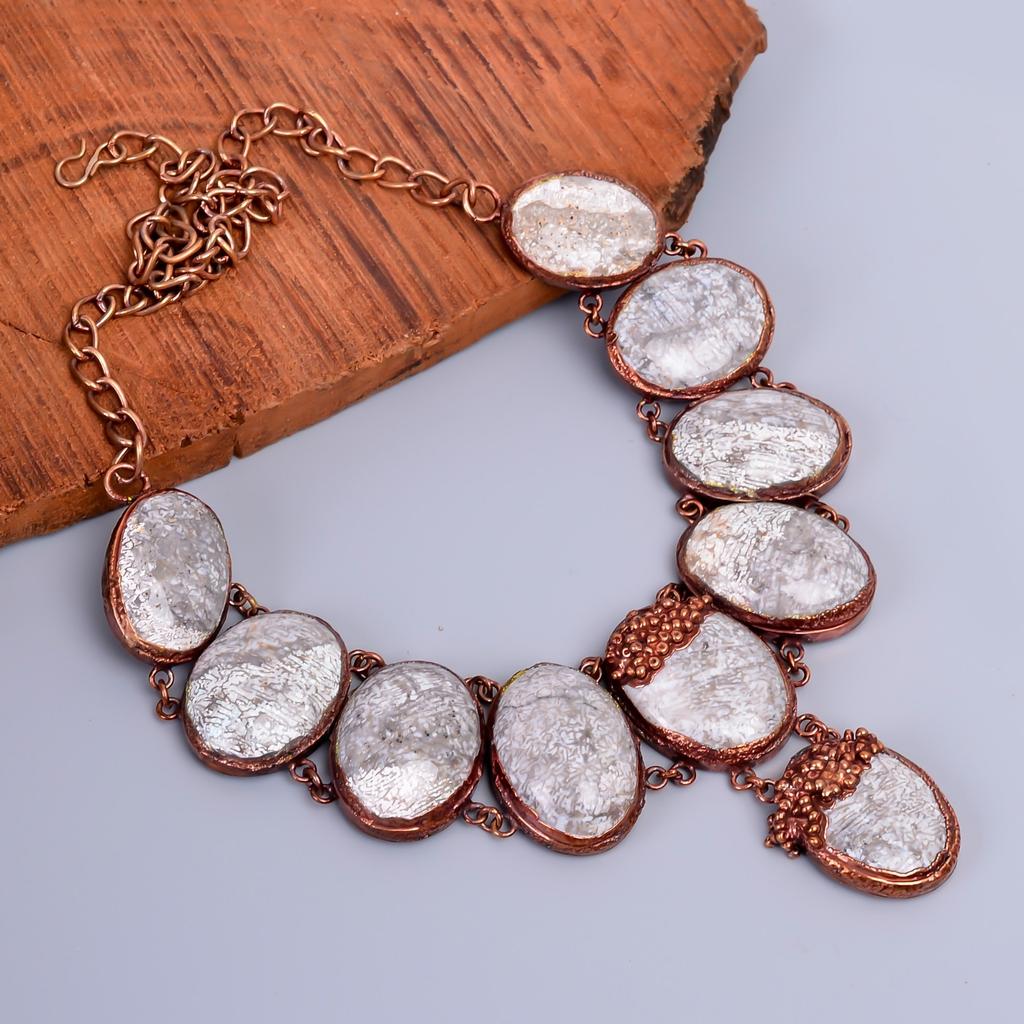 Friendship Day Deal Oval Fossil Coral Stone Copper Electroformed Chain Necklace V-86