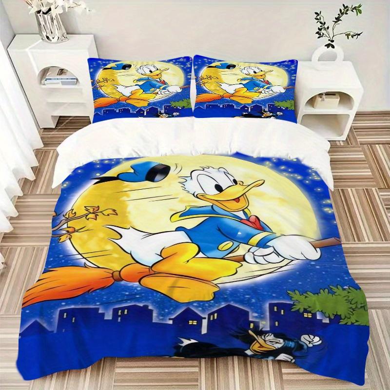 3pcs Halloween Donald Duck Flying on Broomstick Moon Printed Quilt Set - Includes 1 Quilt Cover and 2 Pillowcases, Machine Washable - Suitable fo