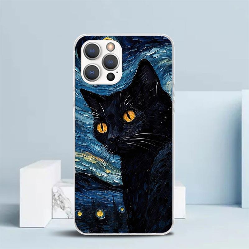 Мультяшный Милый Черный Кот Чехол Для Телефона Для IPhone 16 17 Air 16E 15 14 Plus 13 Mini 12 11 Pro Max 7 8 + SE 2020 Мягкий ТПУ Задняя Крышка 16