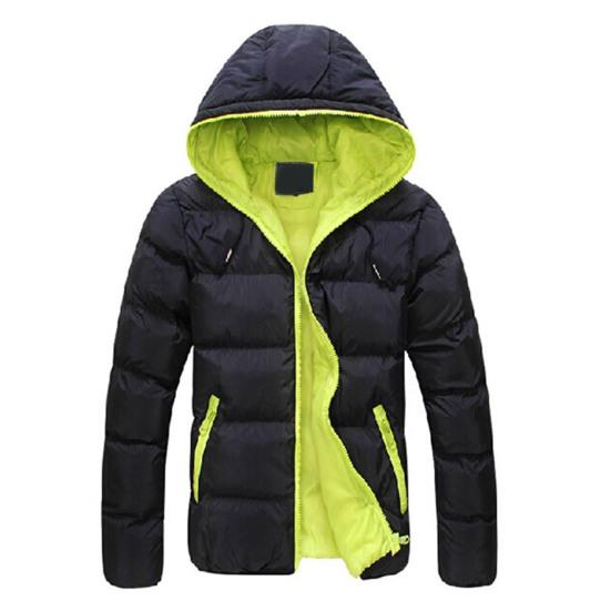 Men Winter Contrast Color Padded Jacket Hooded Drawstring Long Sleeve Pockets Zipper Placket Slim Thickened Warm Coat