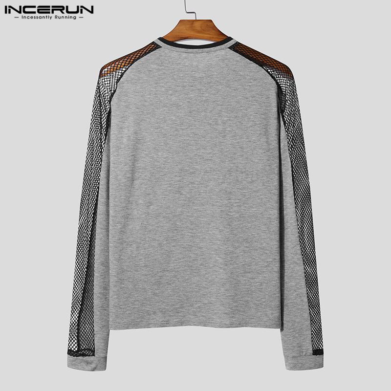 INCERUN Мужские сетчатые футболки с круглым вырезом и длинным рукавом в стиле пэчворк, прозрачные футболки, майки