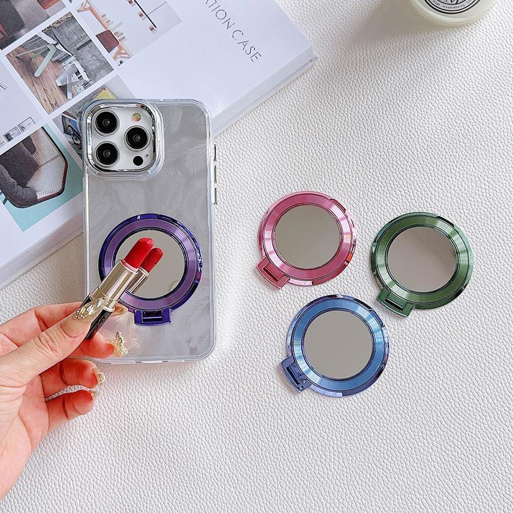 Магнитный держатель для мобильного телефона с гальваническим покрытием цвета конфет, складной, с защитой от падения, с металлическим кольцом, пряжкой, липкой наклейкой на заднюю панель, зеркальцем для макияжа