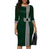Women Sheath Dress OL Commute Style Three Quarter Sleeves Color Matching Slim Fit High Waist Round Neck Patch Work Business Occasion Midi Dress