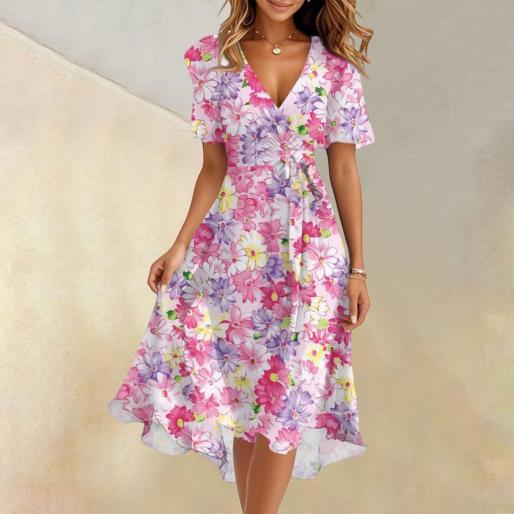 Women's Summer Fashion V-Neck Flared Dress Short Sleeve Floral Dresses