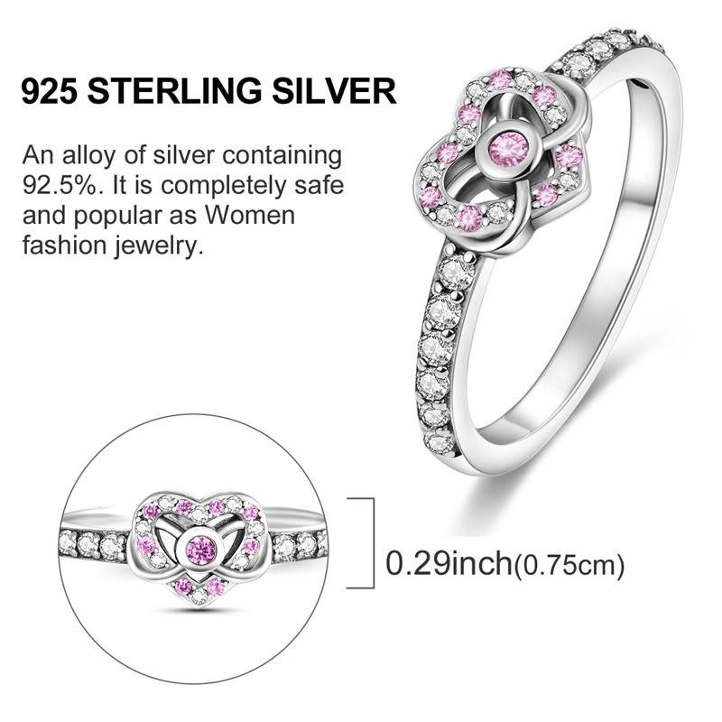 Original Women Silver Rings Sparking Pink Heart Zirconium Ring for Women Girls Engagement Jewelry Anniversary Gift