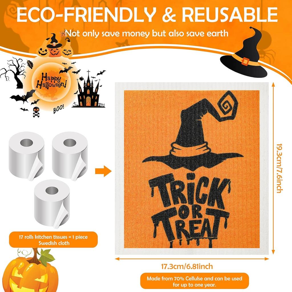 Honeydak 6 Pcs Halloween Swedish Dish Towels Ghost Pumpkin Swedish Kitchen Dishcloths Washable Reble Halloween Dish Cloths Witch Absorbent Fast
