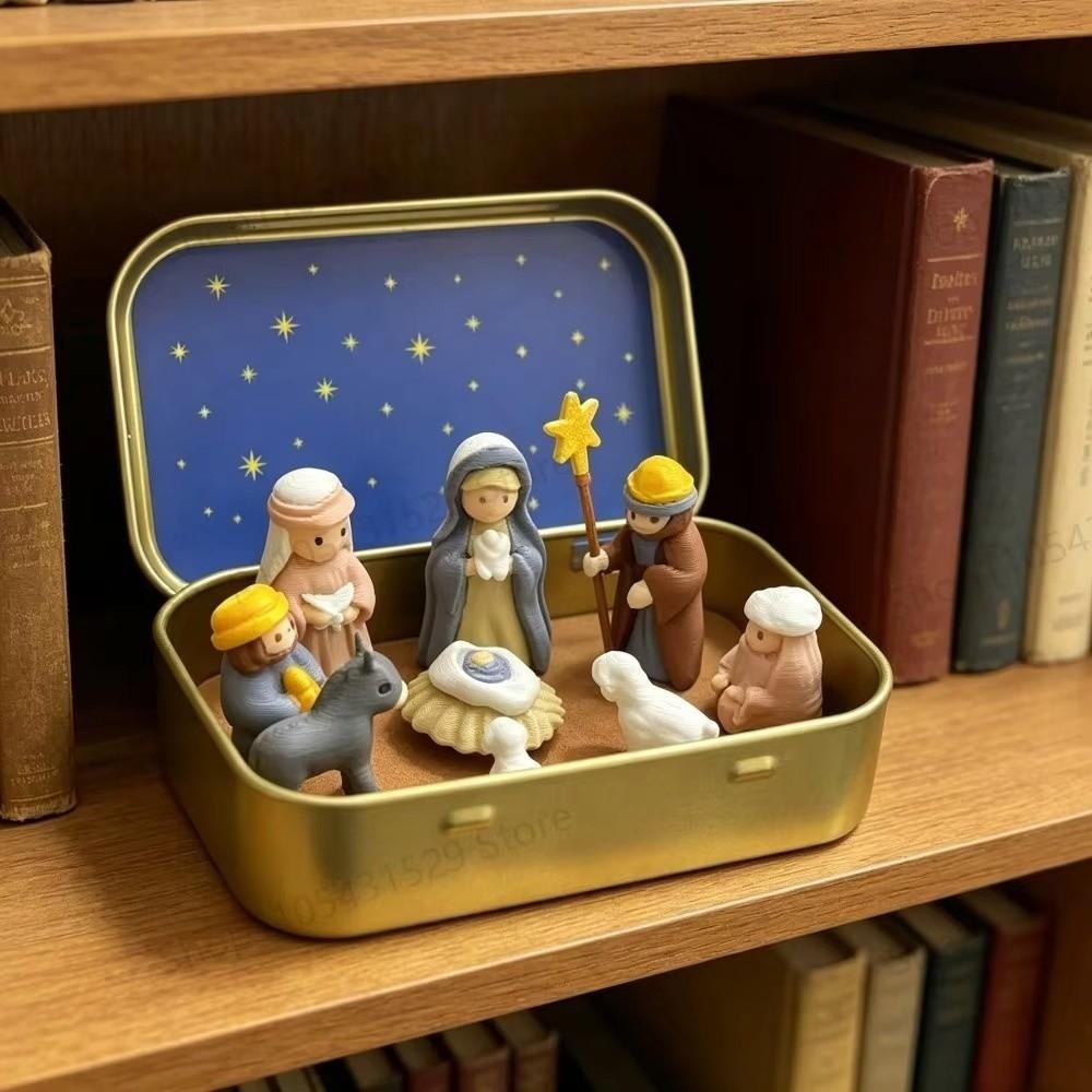 Hand Painted Nativity Manger Scene Kit Metal Tin Box Xmas Manger Ornaments Bookshelf Decor