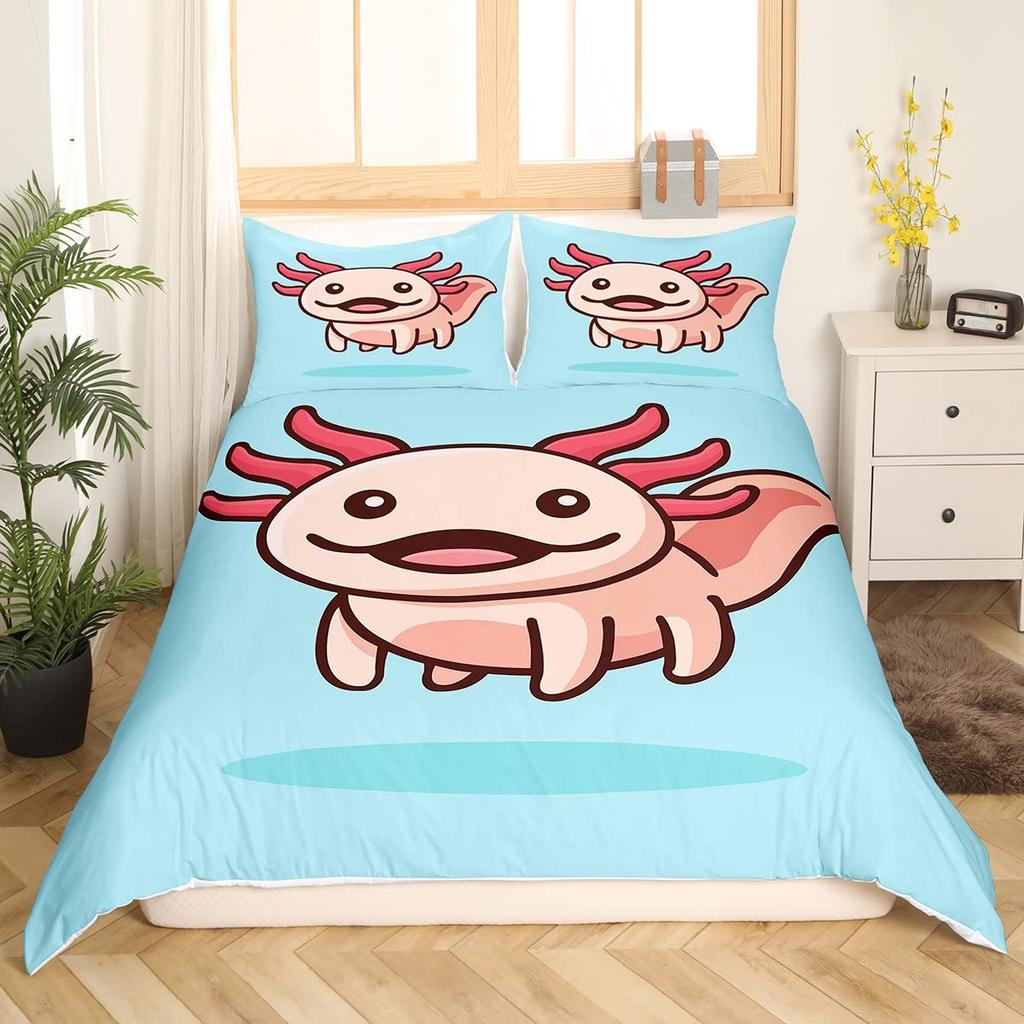 Мультяшный аксолотль Комплект пододеяльника King/Queen Size Детский Для девочек Мальчиков Милый Радужный Морская дикая природа Животное Рептилия Комплект постельного белья