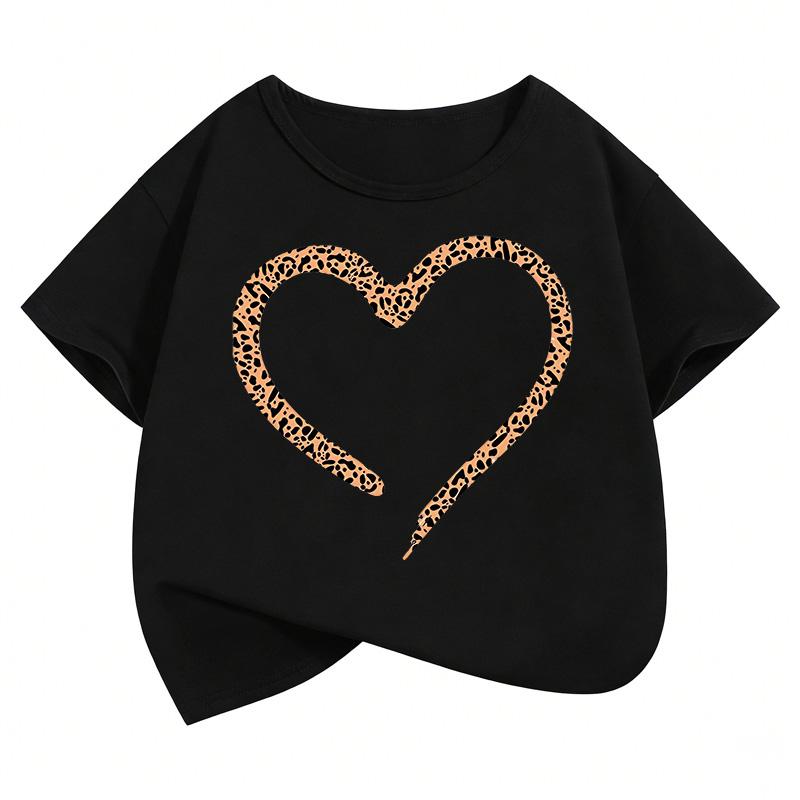 Love Heart Leopard Print Fashion T Shirts Y2k Kids Childrens Tshirt Boys Girls Summer Spring Casual Top Tee Shirt