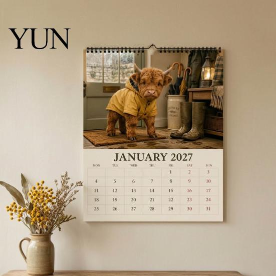 Yearly Plan for Professional Use 2027 Highland Cow Seasons Calendar, 12-Month Desk Planner with Cute Art, Stationery Daily Tasks Thick Paper Organizer