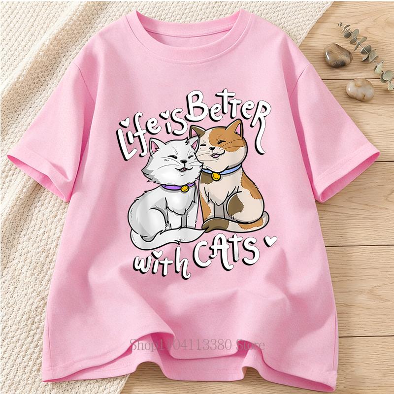 Life Is Better with Cats Graphic Print Womens Clothing Summer Casual Fashion Funny Crew Neck Unisex Short Sleeve Tops Tshirts