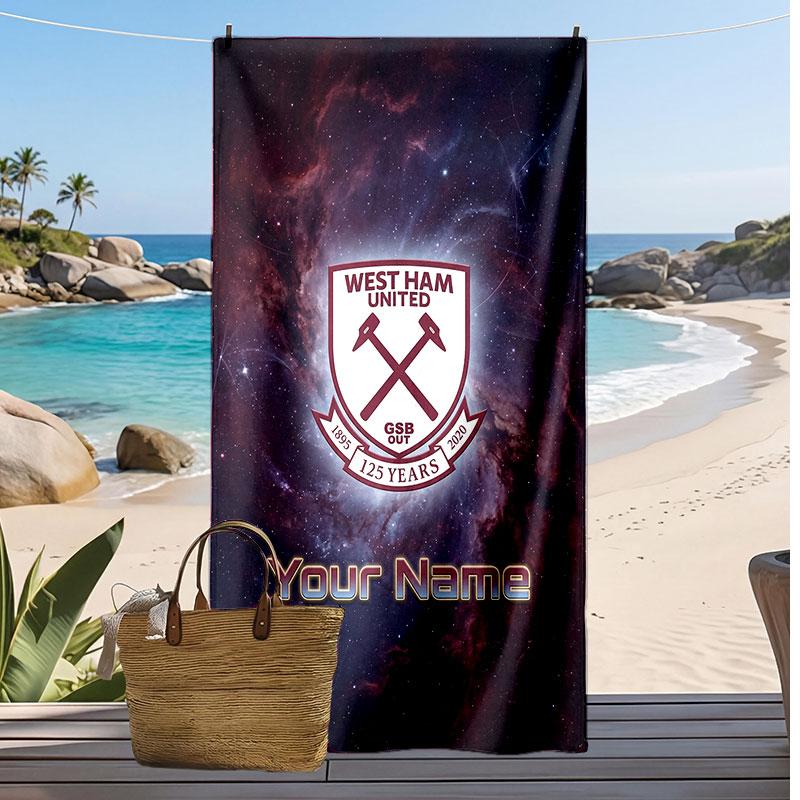 Пляжное полотенце West Ham United FC с персонализированной печатью, логотип клуба, поддерживающий текст с именем, впитывающее полотенце для спорта, путешествий, особый подарок