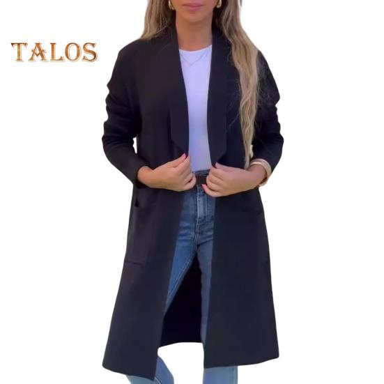 Женская шерстяная куртка с отложным воротником, однотонное трикотажное пальто средней длины, с длинными рукавами, для поездок на работу, свиданий, весна, осень, зима, пальто