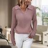 V Neck Turn-Down Collar Long Sleeve Knitted Sweater Autumn Winter Solid Color Slim Sweater Jumper Female Clothing