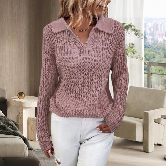 V Neck Turn-Down Collar Long Sleeve Knitted Sweater Autumn Winter Solid Color Slim Sweater Jumper Female Clothing