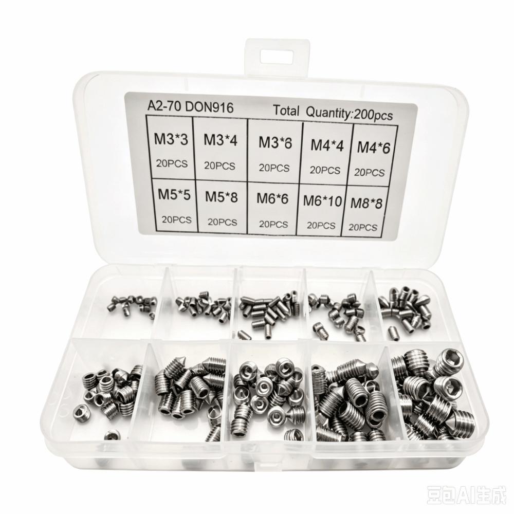 200PCS Silver Grub Screw Set Stainless Steel Inner Hex Screw Concave End Screw  Tight Joint Tool