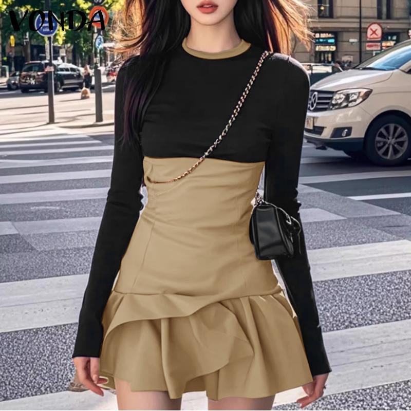 VONDA Женские повседневные платья с круглым вырезом и контрастным цветом, с длинным рукавом, обтягивающие, плиссированные