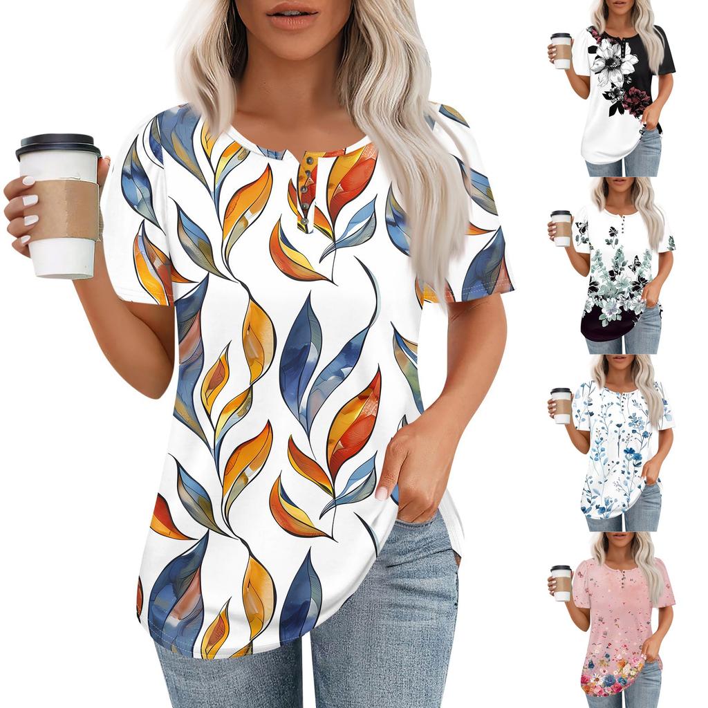 Женский модный повседневный короткий рукав пуловер с принтом на пуговицах и круглым вырезом