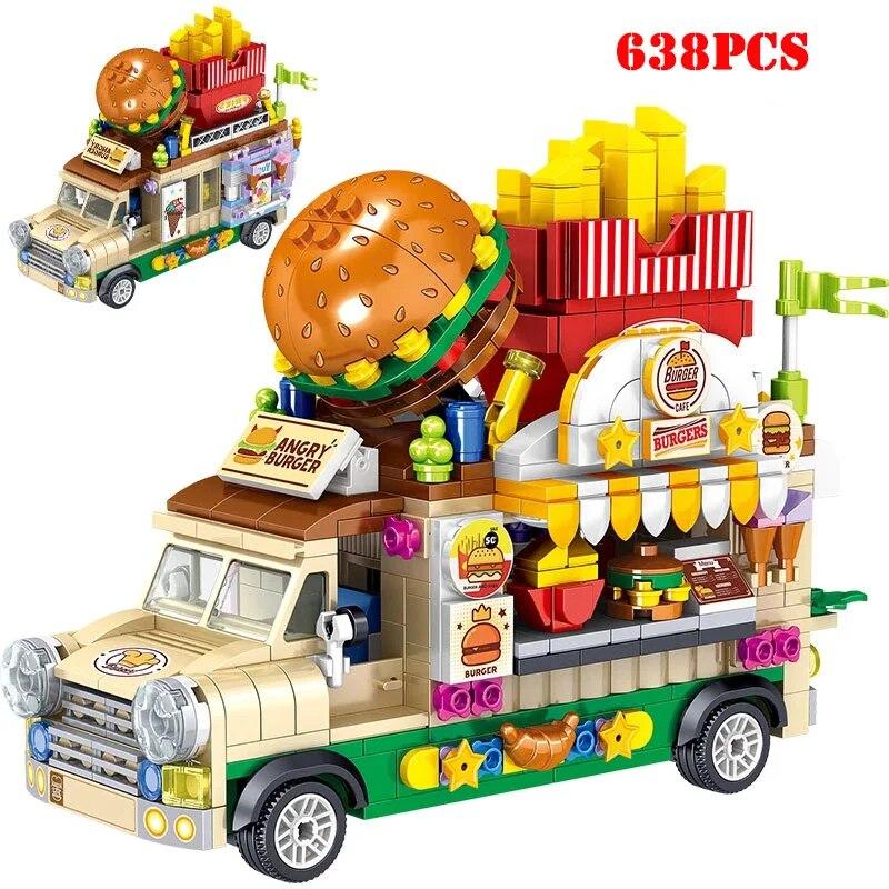 City Street View Series Food Truck Model Micro Building Blocks Ice Cream Hamburger Car Vehicle Mini Bricks Toy Gifts for Girl