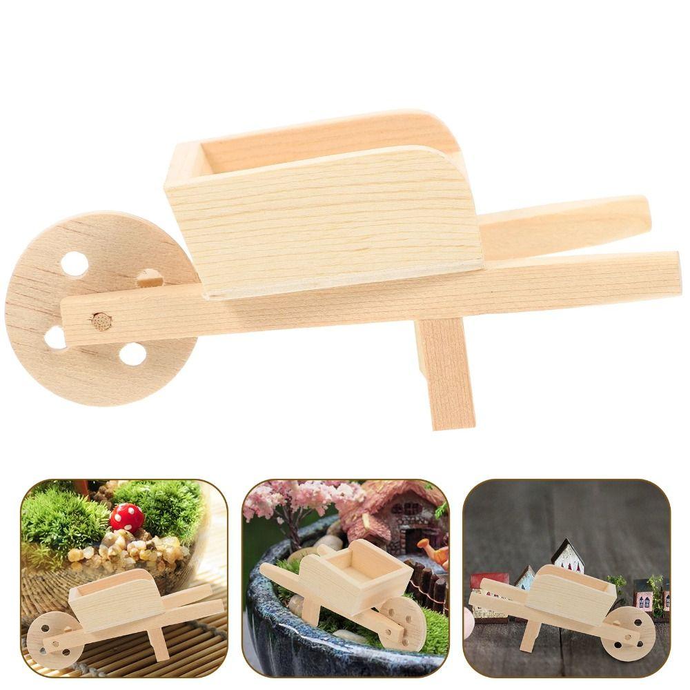 Wooden Mini Cart Wood Color Kids Toy Miniature Mini Farm Wheelbarrow Models