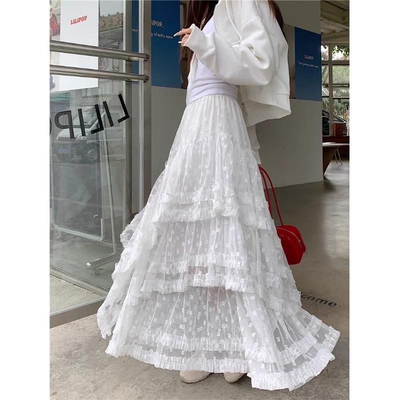 Dimanaf 2025 Весна Женские Новые Юбки Винтаж Свободные Эластичные Плиссированные Элегантные Белые Длинные Юбки Кружева Высокая Талия