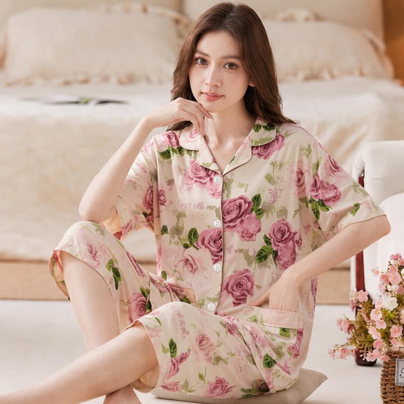 Middle-aged mother shows young pajamas women's summer new short-sleeved cropped pants loungewear imitation cotton casual suit