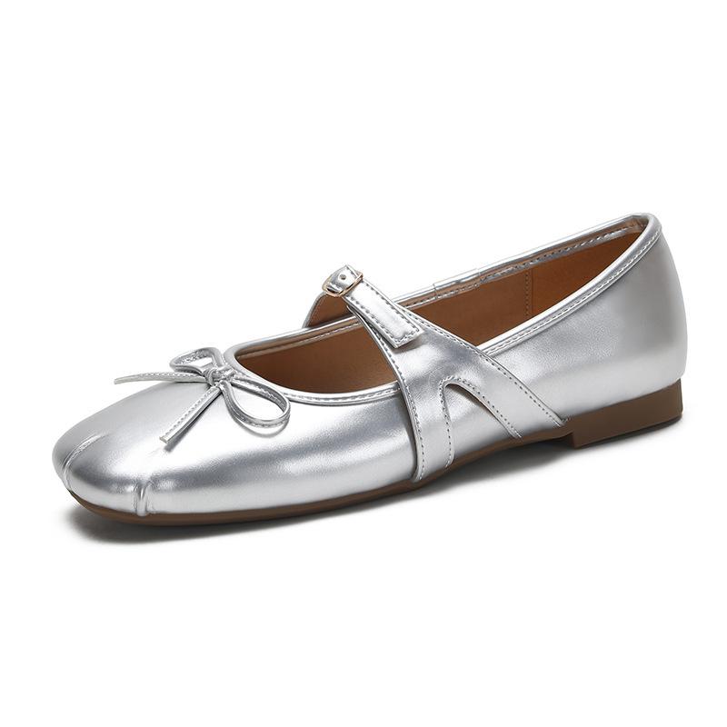 Серебряный темперамент ретро одиночные туфли французские балетки женские бант квадратный нос легкий рот мягкие туфли Мэри Джейн балетки женские