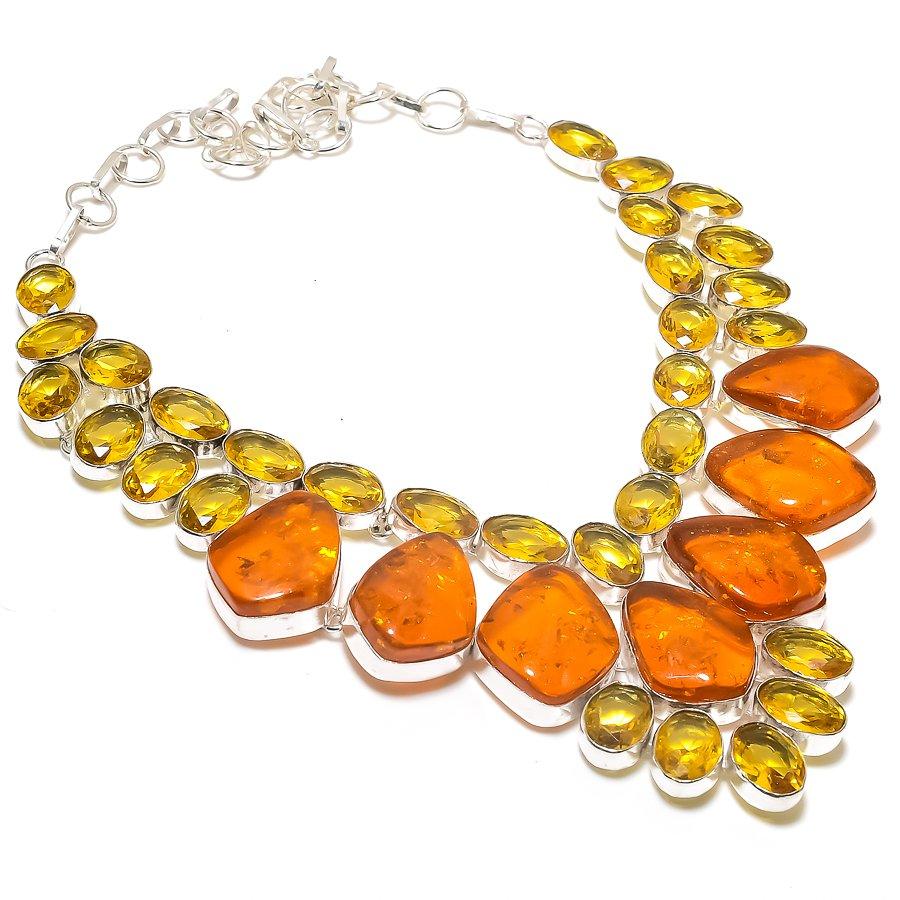 Baltic Amber, Citrine Gemstone 925 Sterling Silver Jewelry Necklace 18" c7V50
