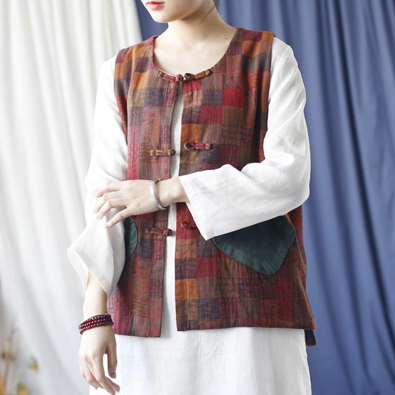 Johnature Women Vintage Plaid Vests O-Neck Button Autumn Patchwork Pockets Women Chinese Style Vests