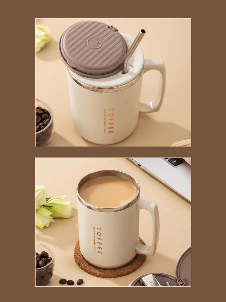 480ml 304 Stainless Steel Coffee Mug With Lid&Spoon&Straw,Insulated Coffee Cup For Student Adult Office Drinking Cup