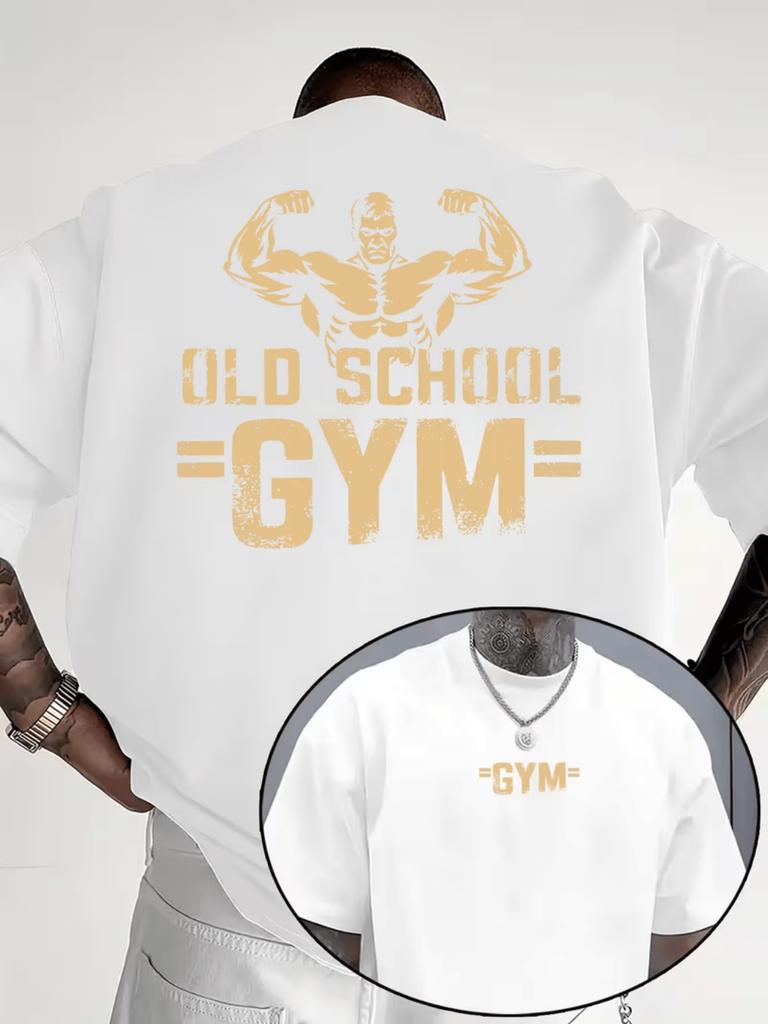 Ретро-принт бодибилдера Old School Gym на унисекс футболке из 100% хлопка. Отлично подходит для летних тренировок и повседневной уличной одежды.