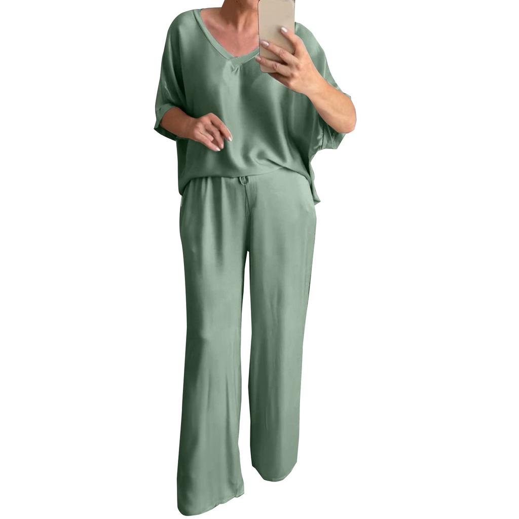 Женский свободный пуловер с v-образным вырезом, повседневный модный костюм с длинными брюками и короткими рукавами