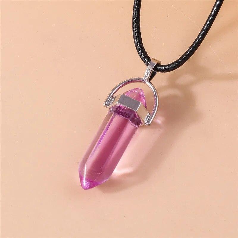 Натуральный камень, кварц, лазурит, опал, аметист, розовый хрустальный камень, шестиугольная колонна, кулон, ожерелья, кожаная цепочка, ожерелье-пуля