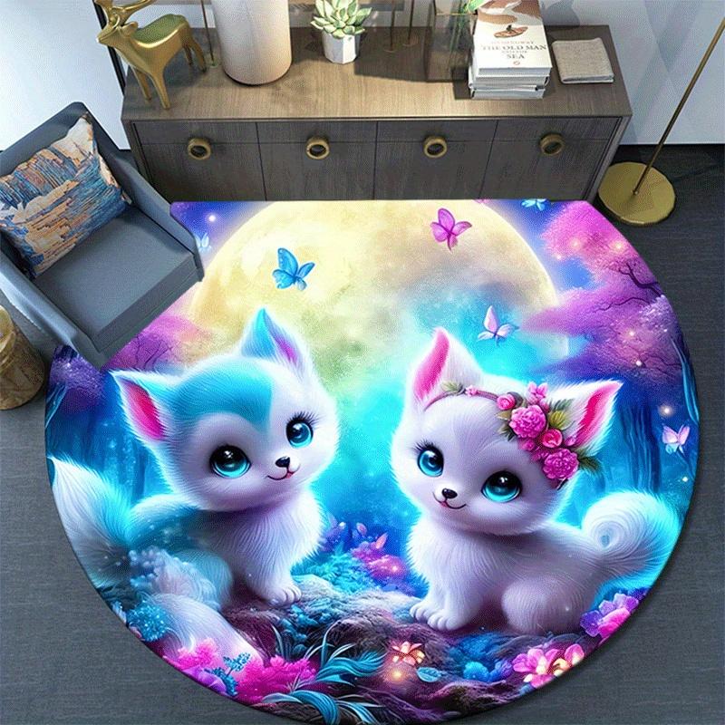 1pc Soft, Absorbent & Non Slip Cute fox in the moonlight Round Rug Soft Circle Rug for Living Room & Bedroom Decor, Chair Mats, and Unforget