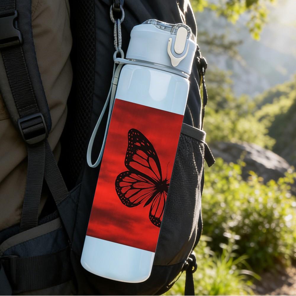1PC Red Background Butterfly Art 750ml Color Plastic Sports Water Bottle Leakproof Flip Straw Lid Suitable for Sports Office Home Use